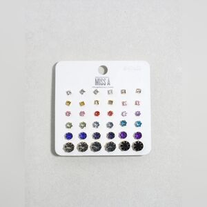 Multi-Color Rhinestone Stud Earrings 15 Pairs Pack - Gold